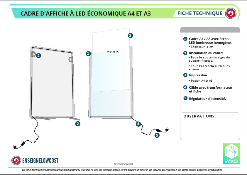 Porte-Affiches Muraux Eclairage LED - A4, A3 ou A2 en plexiglass