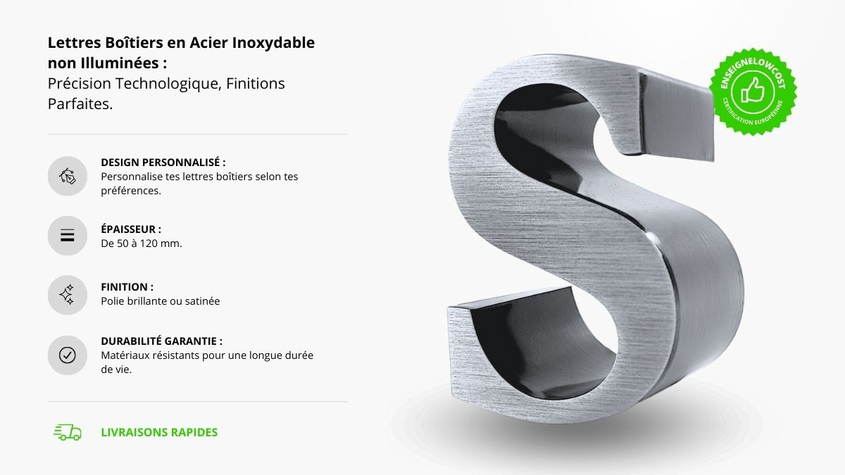 Lettres relief en inox, non lumineuses