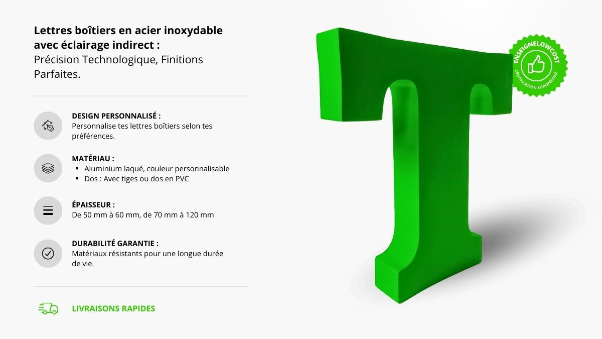 Lettres relief en aluminium sans éclairage