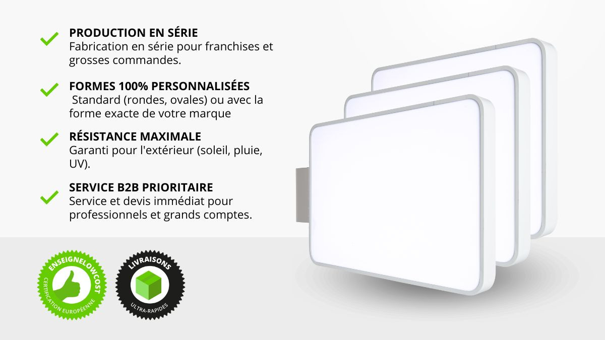 Enseignes drapeaux lumineuses en fabrication en série